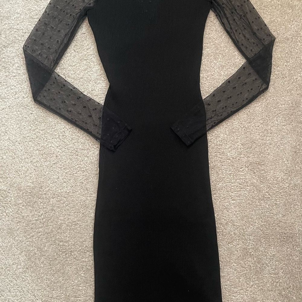 Almost Famous Dress, Ribbed Knit Bodycon Style, Mesh Polka Dot Long Sleeves